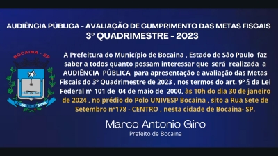 AUDIÊNCIA PÚBLICA - AVALIAÇÃO DE CUMPRIMENTO DE METAS FISCAIS - 3º QUADRIÊNIO 2023